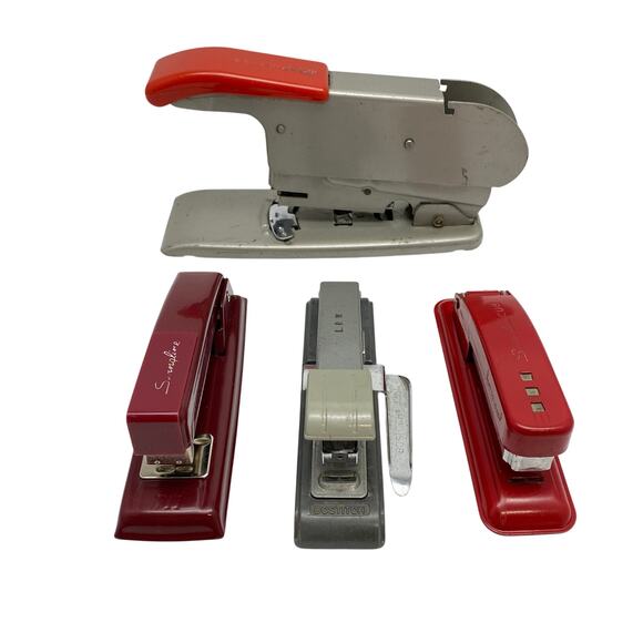 Lot 4 Vintage Staplers Burgundy Swingline Red Cub Gray Bostitch B8 Bates Model C - Picture 1 of 10